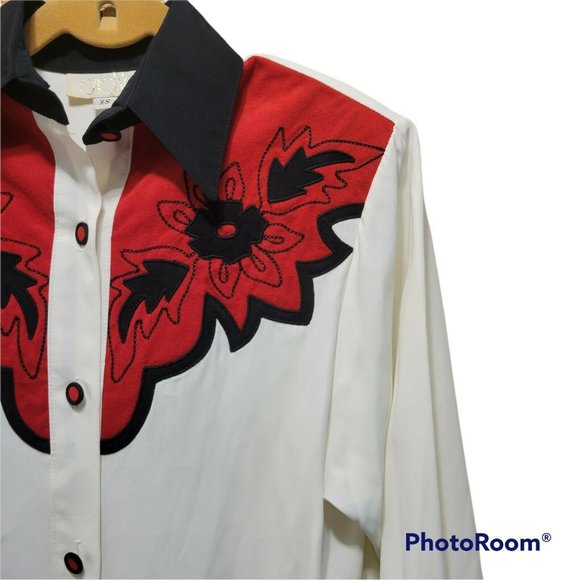 Vintage Cache Women's Size XS Red Black Velvet Western Ranch Button Front Shirt - Picture 3 of 11